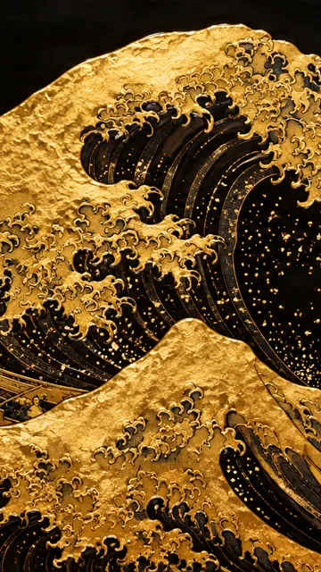 The Great Wave in Gold Leaf: AI remake of The Great Wave off Kanagawa by Katsushika Hokusai, phone wallpaper