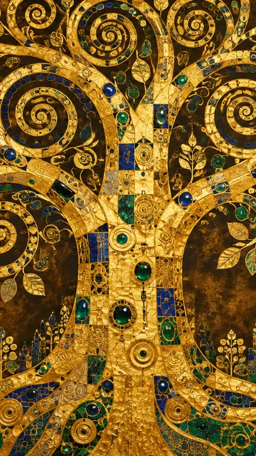 Golden Tree of Life: AI remake of The Tree of Life (Stoclet Frieze) by Gustav Klimt, phone wallpaper