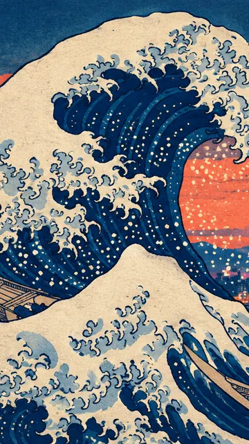 The Great Wave, City at Dusk: AI remake of The Great Wave off Kanagawa by Katsushika Hokusai, phone wallpaper