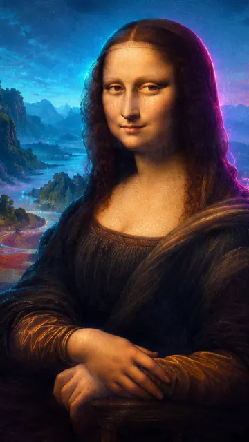 Mona Lisa, Neon Valley: AI remake of Mona Lisa by Leonardo da Vinci, phone wallpaper