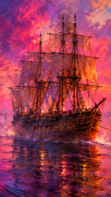 The Neon Temeraire: AI remake of The Fighting Temeraire by J. M. W. Turner, phone wallpaper