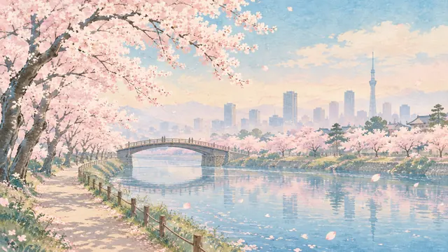 Sakura River Walk: AI remake of Cherry blossom prints by Utagawa Hiroshige
