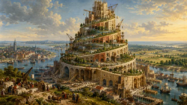 The Tower of Babel, Arcology: AI remake of The Tower of Babel by Pieter Bruegel the Elder