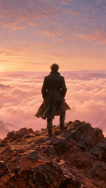 Wanderer above the Dust of Mars: AI remake of Wanderer above the Sea of Fog by Caspar David Friedrich, phone wallpaper